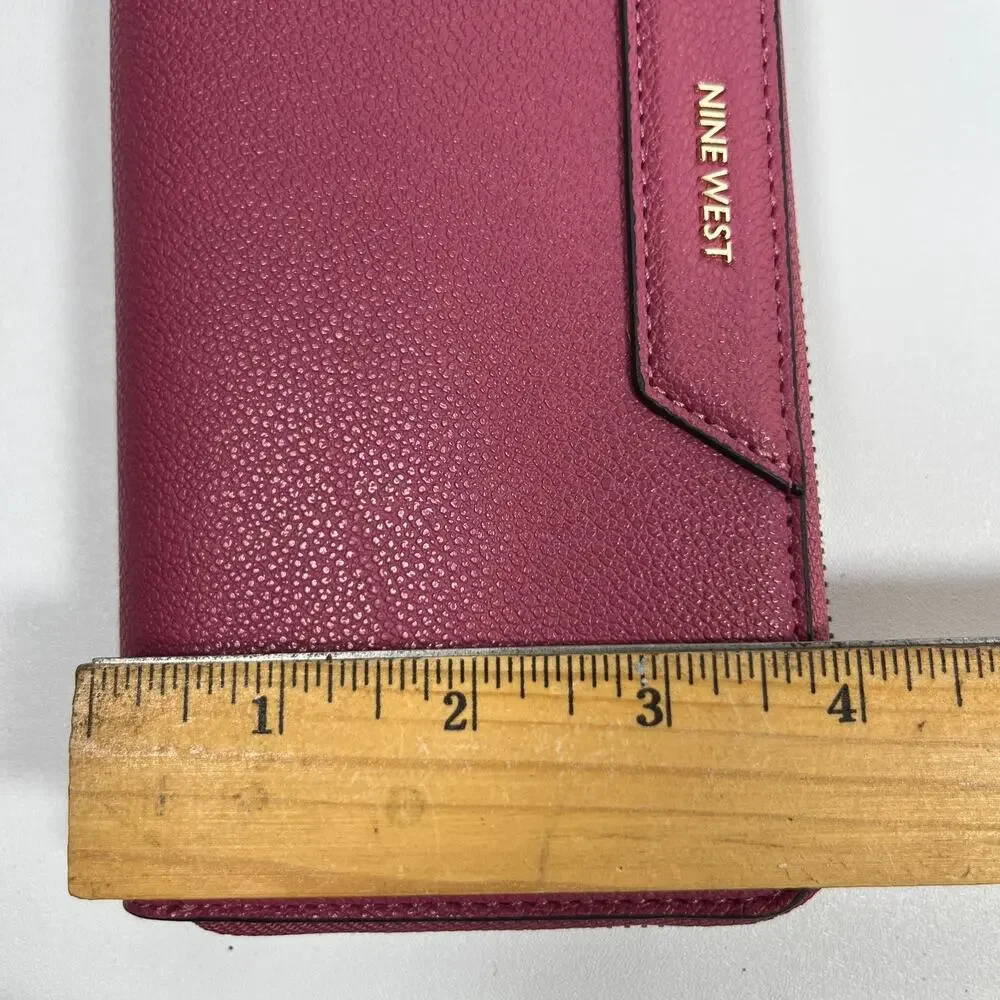 NINE WEST Wallet Accordion Zip Around Leather Card Coin Purse Rouge Pink NEW